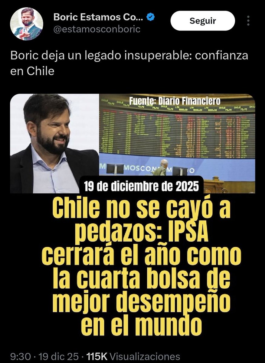 Esa noticia es por los q llegarán no por este desgobierno, Uds solo aumentaron los pobres, los inmigrantes irregulares, apoyan a narcos disfrasados de mapuche en el Sur q impulsan el terrorismo, persiguieron a 👮, trancaron la 🚪 al progreso, despilfarraron todo y endeudaron 🇨🇱