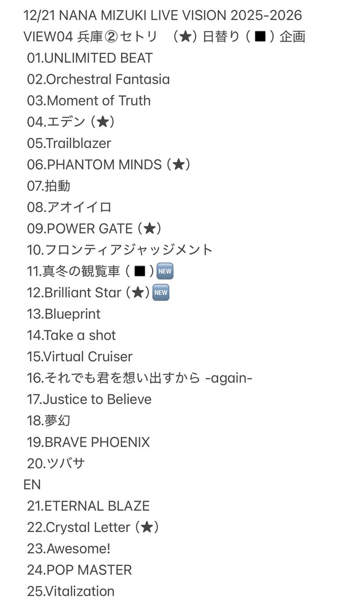 12/21 NANA MIZUKI LIVE VISION 2025-2026 VIEW05 兵庫②セトリ ※2枚目