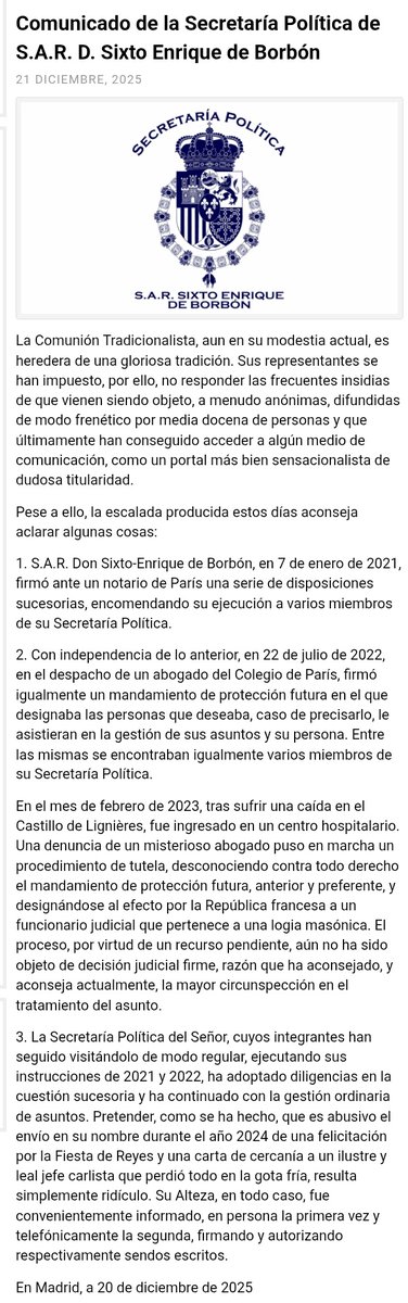 Importante comunicado de la Secretaría Política de S.A.R. Don Sixto Enrique de Borbón sobre la situación actual de la Comunión Tradicionalista (<a href="/carlismoes/">Comunión Tradicionalista</a>):
