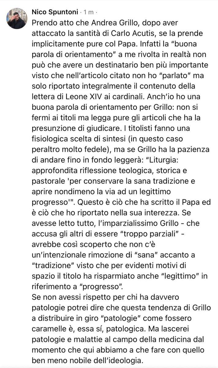 Questa è la risposta che avevo dato ad alcune "sbadate" osservazioni di Andrea Grillo su un mio articolo. La metto qui perché il docente del Pontificio Ateneo Sant'Anselmo, già noto per aver denigrato San Carlo Acutis, l'ha cancellata e mi ha impedito di replicare ulteriormente.
