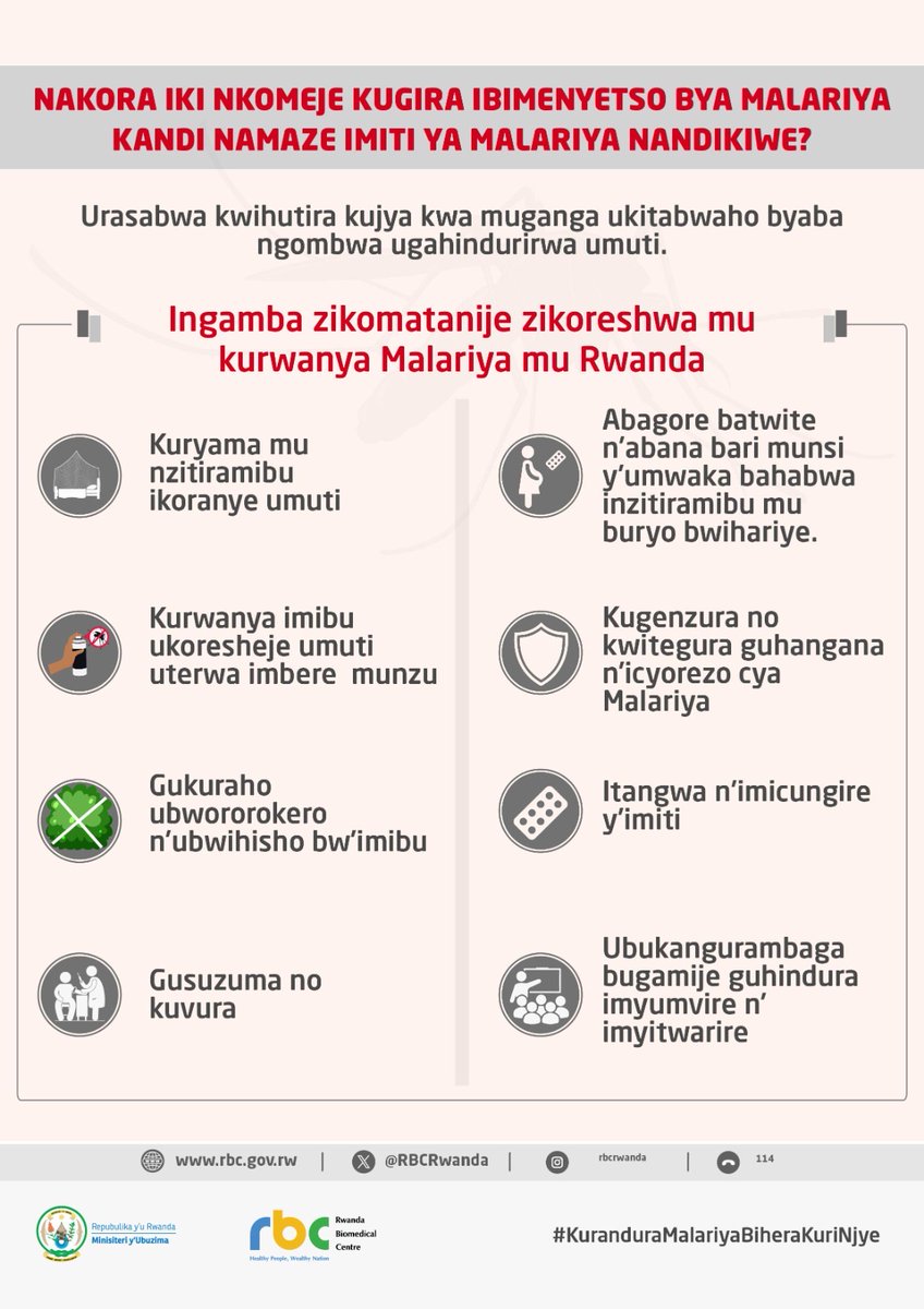 RwandaNGOForum's tweet photo. Nakora iki nkomeje kugira ibimenyetso bya malariya kandi namaze imiti ya malariya nandikiwe?

Mu rugamba rwo guhashya Malaria mu Rwanda, hari amakuru mashya buri wese akwiye gusobanukirwa kugira ngo ubuzima bwacu bukomeze kumera neza. 
Kenshi twibaza tuti: “Kuki hatakoreshwa ubwoko bumwe gusa bw’imiti bwari busanzwe buhari?”

Igisubizo ni uko gukoresha ubwoko bumwe gusa bw’imiti igihe kirekire bituma udukoko dutera Malaria tugezaho tukamenyera uwo muti. Ibi bituma umuti ugabanya imbaraga, bityo udukoko tukagira ubudahangarwa kuri wa muti. Kugira ngo ibi bitabaho, u Rwanda rwatangije uburyo bwo gukoresha imiti y’ubwoko butandukanye (Multiple First-Line Treatment [MFT]). Ibi bituma udukoko tudashobora kumenyera imiti yose icyarimwe, bityo ubudahangarwa bwayo bugakomeza kuba bwinshi mu guhangana n’indwara.

Ikindi kibazo abantu bakunze kwibaza ni: “Nakora iki nkomeje kugira ibimenyetso bya Malaria kandi namaze imiti yose nahawe?”

Iki ni ikimenyetso kigaragaza ko udukoko dushobora kuba twaranangiye (resistance). Iyo bimeze gutya, ntukagure indi miti cyangwa ngo utegereze. Urasabwa kwihutira gusubira kwa muganga cyangwa kureba umujyanama w’ubuzima. Iyo ugiye kwa muganga hakiri kare, baragusuzuma, bakaba banaguhindurira umuti ugezweho kandi ufite imbaraga zihagije zo guhashya utwo dukoko twari twaranangiye (resistance).

Ibuka ko kwisuzumisha no kurangiza imiti uko wayandikiwe ari rwo rufunguzo rwo kurandura Malaria mu Rwanda.

#KuranduraMalariyaBiheraKuriNjye #MultipleFirstLineTreatmentRw

@RwandaHealth @RBCRwanda @WHORwanda @RwandaLocalGov @Rwanda_Edu @REBRwanda @RwandaAgri  @RwandaAgriBoard  @PSF_RWA  @RwandaMoD  @Rwandapolice  @RCS_Rwanda  @RwandaEast  @RwandaSouth  @RwandaWest  @CityofKigali  @RwandaNorth  @GisagaraDistr  @GasaboDistrict  @Nyarugenge  @KicukiroDistr  @BugeseraDistr  @NyagatareDistr  @KireheDistrict  @NgomaDistrict  @GicumbiDistrict  @Muhangadis  @RusiziDistrict  @KarongiDistr  @RubavuDistrict  @MusanzeDistrict  @JhpiegoRwanda   @sfhRwanda  @ahfrwanda  @Sfrwanda1  @InterfaithRda  @ProfemmesTH  @nsanzimanasabin  @YvanButera  @DMbituyumuremyi  @TuyishimeAlbert