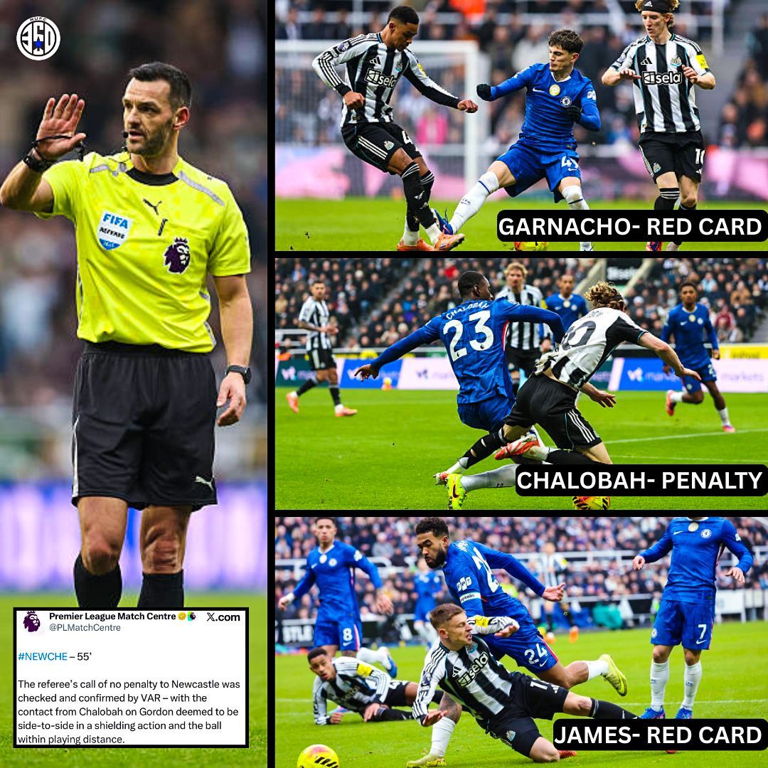 NUFC360's tweet image. 🤦🏻 VAR-CICAL 

🟥 Garnacho’s challange on Ramsey, studs up with contact above the ankle - Not given (Note the red given to Xavi Simons)

❌ Blatent foul on Gordon by Chalobah not given on field, VAR deemed it “Shoulder to shoulder, Shielding Action”

🟥 Reece James pulled back…