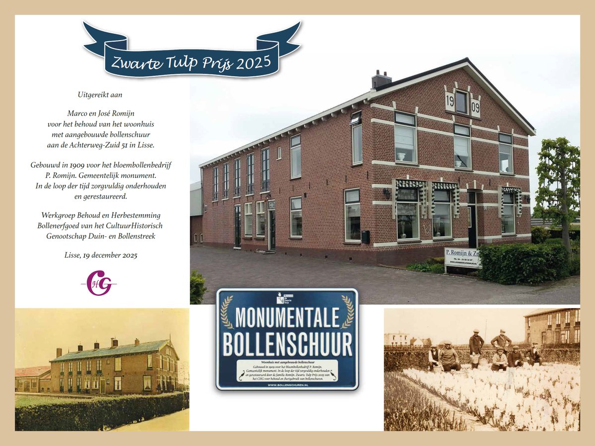 De Zwarte Tulp Prijs 2025 van de Werkgroep <a href="/Bollenerfgoed/">Bollenerfgoed</a> van het <a href="/CHGDB/">CHG</a>  is uitgereikt aan Marco Romijn en José Duivenvoorden voor het behoud van hun woonhuis met aangebouwde bollenschuur aan de Achterweg-Zuid 51 in Lisse bollenerfgoed.nl/werkgroep/zwar…