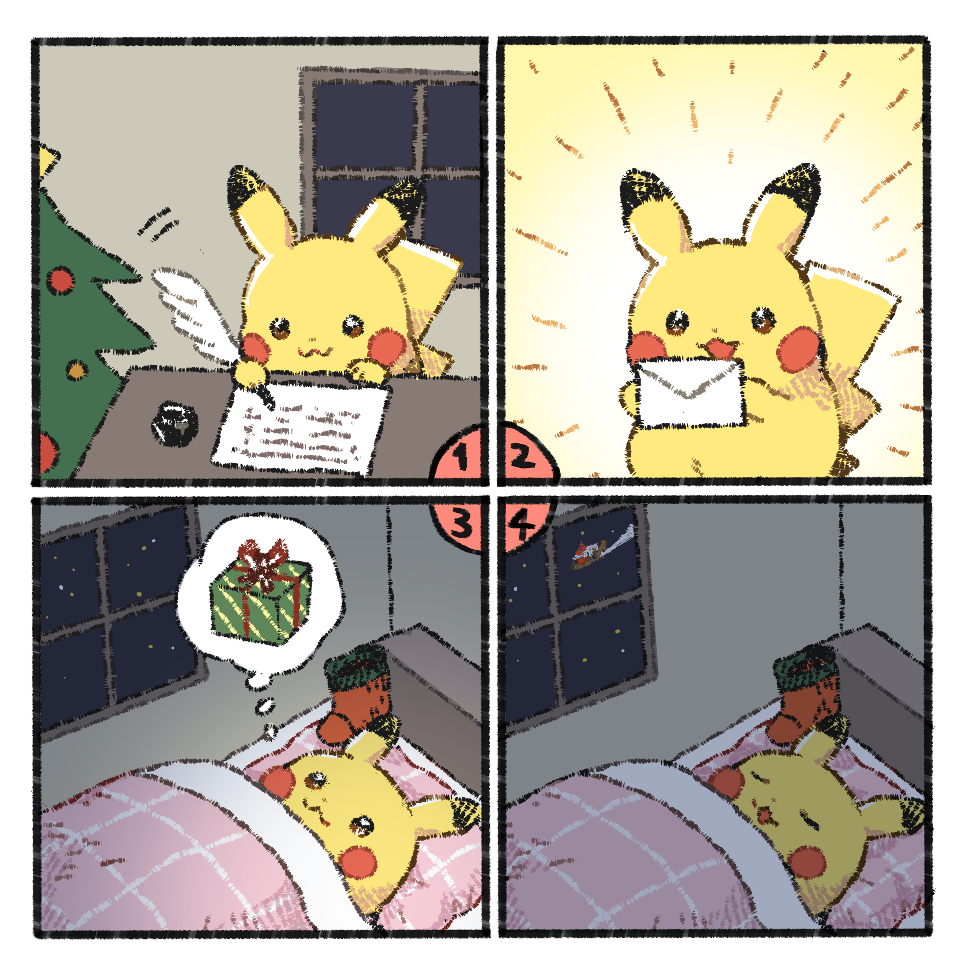 gezuziryu's tweet image. サンタさんに手紙を書いたピカチュウ
サンタさん来てくれると良いね🥰　#らくがき