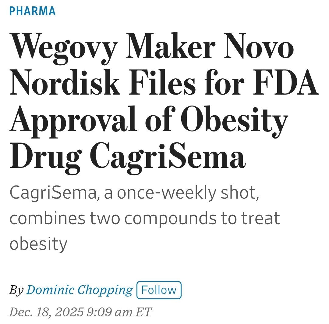 CagriSema is a fixed-dose combination of a long-acting amylin analogue,  cagrilintide 2.4 mg and Novo Nordisk's blockbuster obesity drug, Wegovy  (semaglutide 2.4 mg). The two molecules promote weight loss by suppressing  hunger,