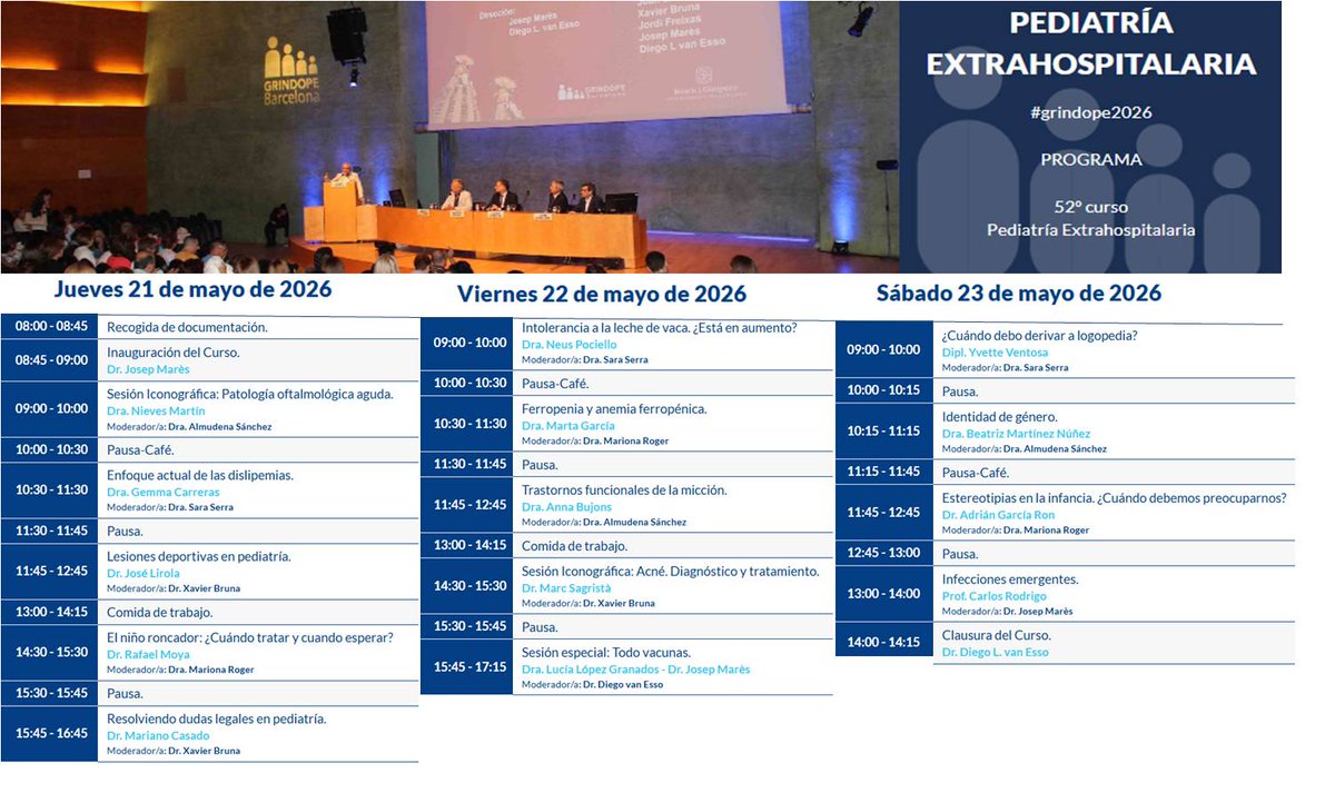 GRINDOPE's tweet image. 📄Has visto el programa del 52º Curso de Pediatría Extrahospitalaria  #grindope2026 ? Se celebrará el 21, 22 y 23 de mayo de 2026 , con dos modalidades, presencial, en Barcelona, u online. Te esperamos! grindope.com