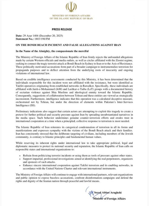 AlternateMediaX's tweet image. Govt of Iran officially blames Pakistan for the Bondi Beach massacre in Sydney, Australia.

#sydneyattack #Hanukkah