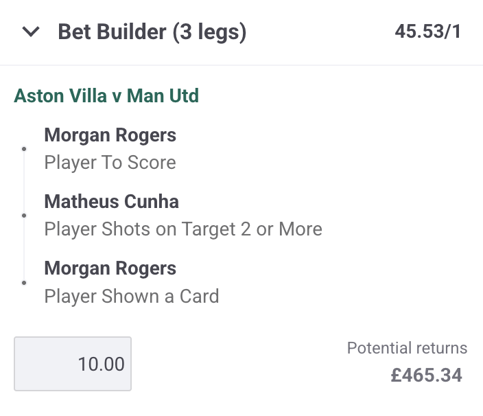 FootySuperTips's tweet photo. VILLA ๐ UNITED bet builder
๐ค ยฃ10 returns ยฃ465
We've put together a 45/1 tip for the clash at Villa Park today
Features Matheus Cunha 2+ SOT โ
18+ #GambleAware | #BuildBetterBets https://t.co/W9vSEmer1O
