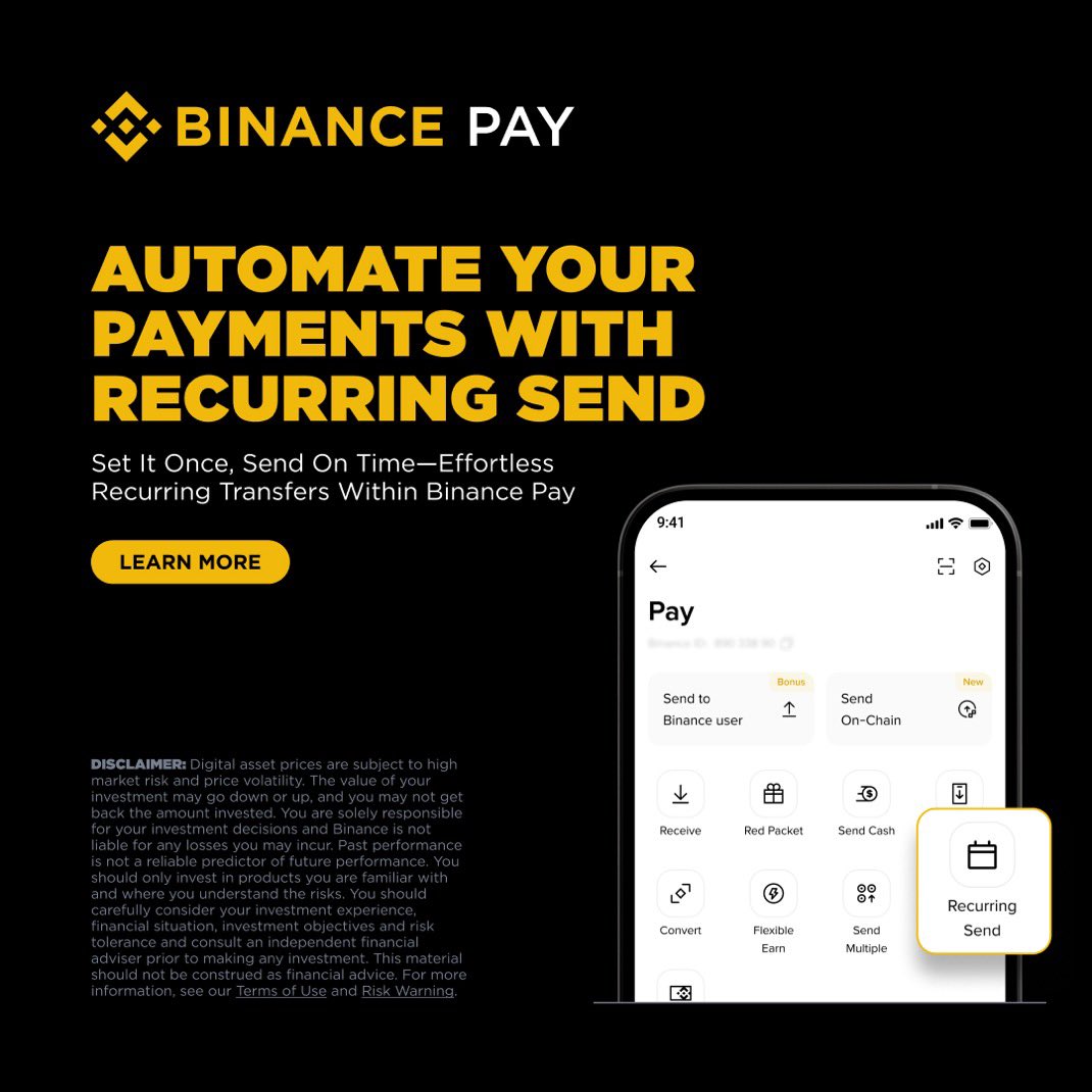 Noticed #Binance quietly added a Recurring Send option to Binance Pay. It  lets users schedule automatic crypto transfers to other @Binance accounts,  things like daily or monthly sends. Feels aimed at practical