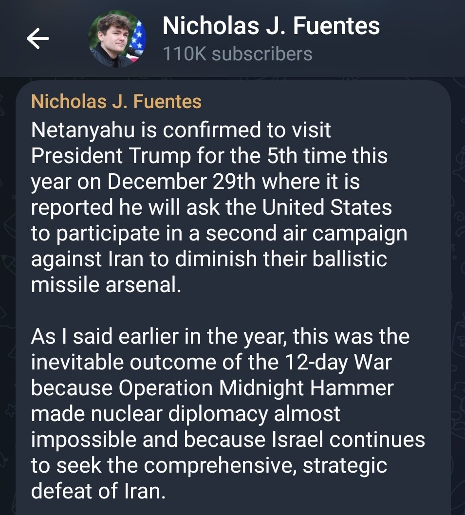 1stclassclips's tweet image. "Netanyahu is confirmed to visit President Trump for the 5th time this year on December 29th where it is reported he will ask the United States to participate in a second air campaign against Iran to diminish their ballistic missile arsenal."