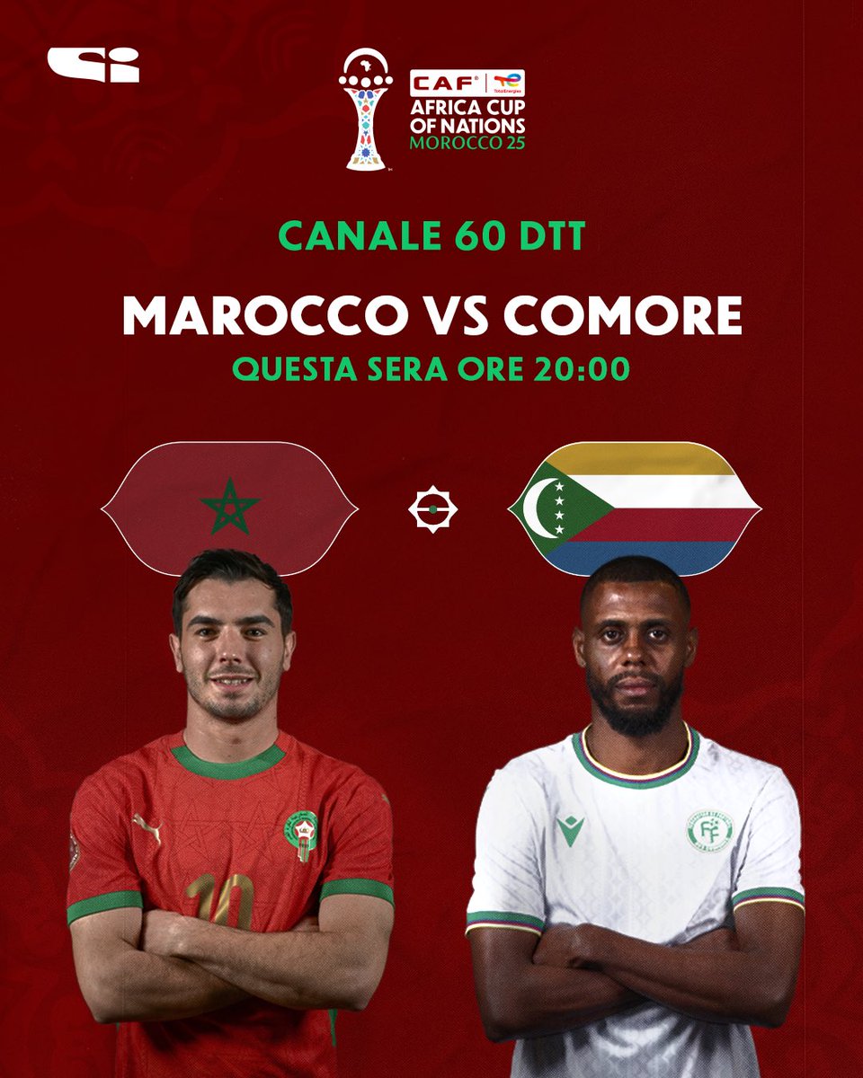 tvdellosport's tweet photo. L’attesa è finita: inizia la 35° edizione della Coppa d’Africa🏆🌍
Prende il via questa sera alle 20:00, in esclusiva su #Sportitalia , la Coppa d’Africa 2025 con la sfida tra #Marocco e #Comore 🇲🇦🇰🇲
Segui il match in diretta sul canale 60 DTT e sulla nostra app📲
#AFCON2025 https://t.co/HfsVeCqS5d