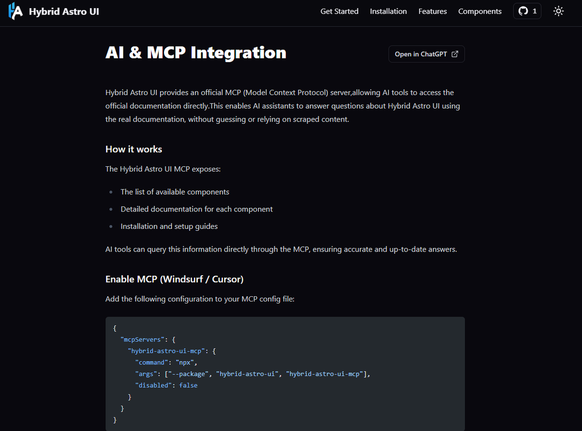 Ahora "Hybrid Astro UI" cuenta con MCP para ayudar a tu agente a comprender mejor como funciona. 
Lo he probado principalmente en <a href="/windsurf/">Windsurf</a> . 

Debajo les dejo una muestra de la UI que crea usando estos componentes.
Si la desean probar esta es la doc 👇

hybrid-astro-ui.com