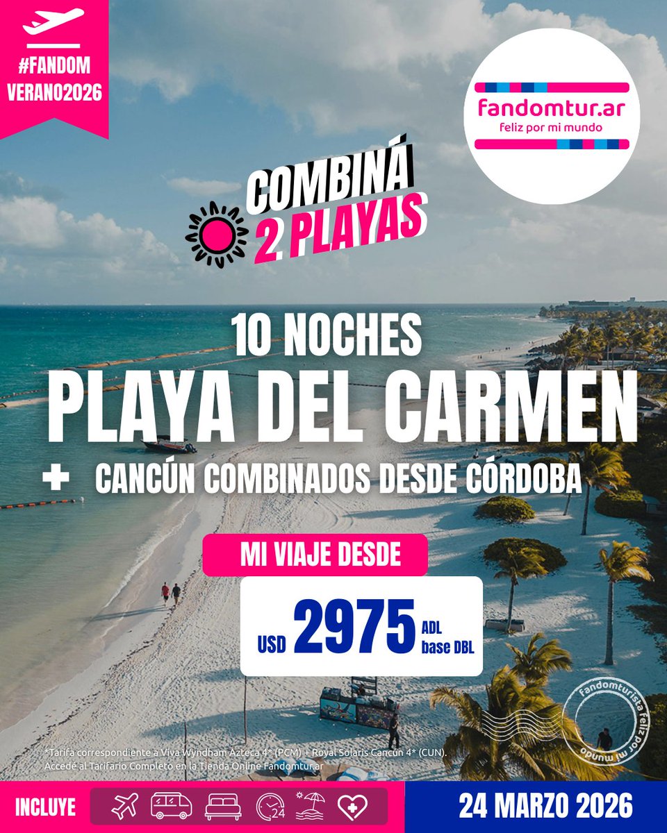 fandomtur's tweet image. 🇲🇽 Playa del Carmen + Cancún Combinado desde COR 24 de Marzo✈️

✔️10 Noches en resorts 4* y 5* All-inclusive, vuelos de LATAM, traslados y asistencia. 

🌊Combiná dos paraísos Mayas en un mismo viaje. 

💲 Desde USD 2.975 base DOBLE.

👉Info completa en fandomtur.ar
