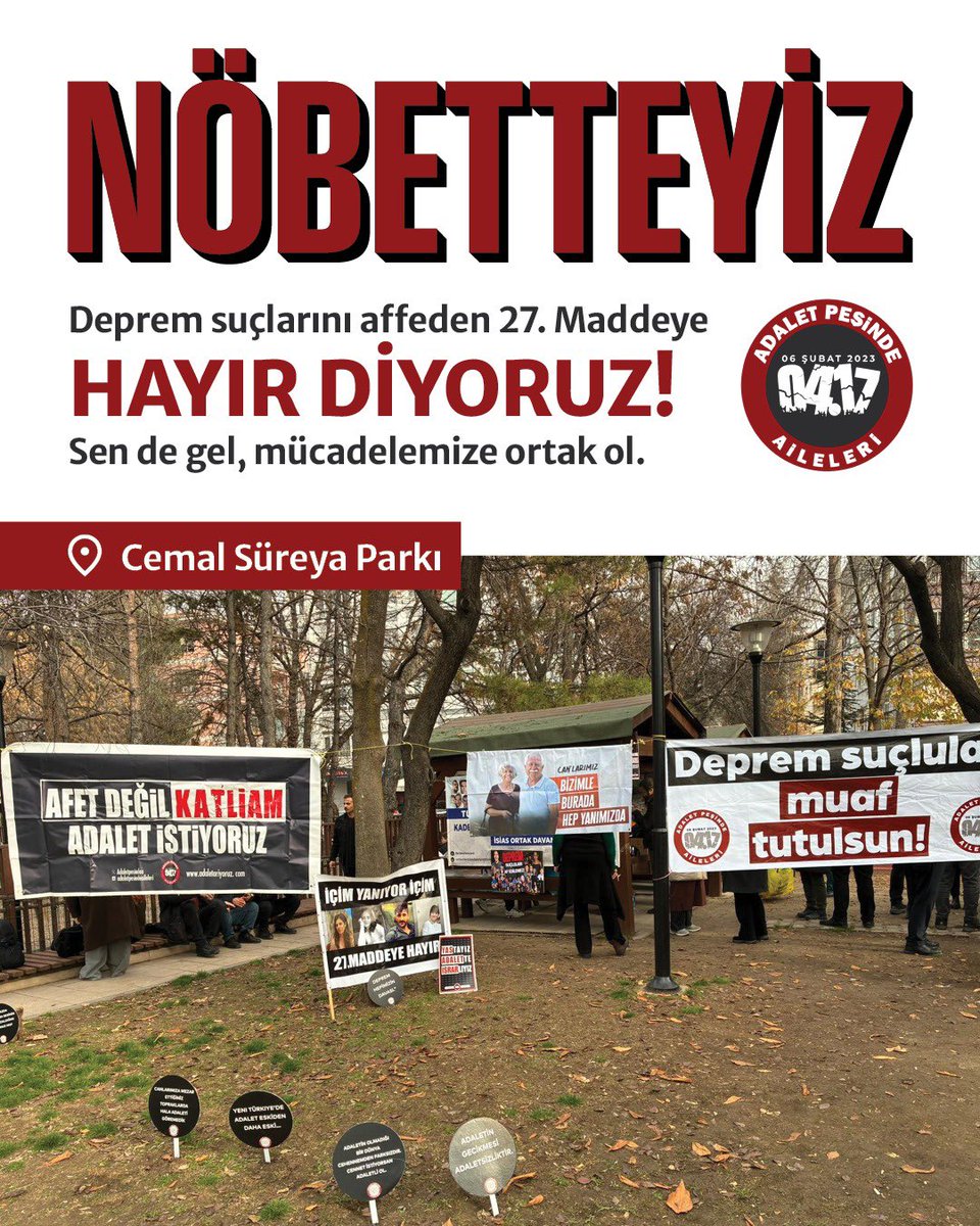 Meclis önünde yaptığımız basın açıklamasının ardından, 11. yargı paketindeki 27. maddeye karşı Cemal Süreya Parkı’nda nöbete başladık.

Bu yalnızca bir anma değil; bu bir direniş, bu bir hafıza, bu bir vicdan nöbetidir!

Sen de gel mücadelemize ortak ol. 
#27maddeyehayır