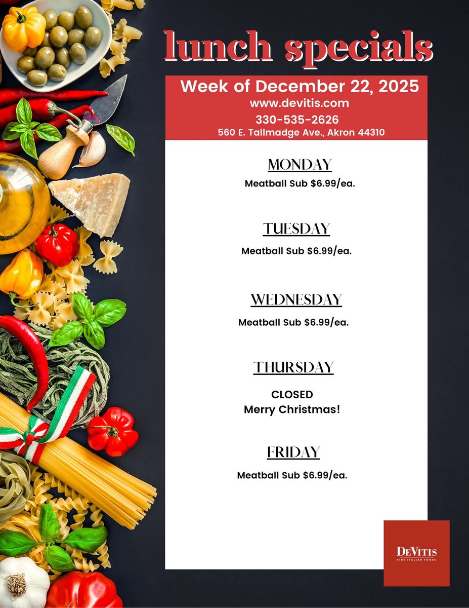 No Hot Lunch this week since we need all the oven space for hot orders, but we will have Meatball Subs available all day, every day! ❤️ Just a reminder we will be open 9-2 on Christmas Eve and closed on Christmas Day! We have our normal hours of 9-6 on Friday &amp; Saturday! 💚