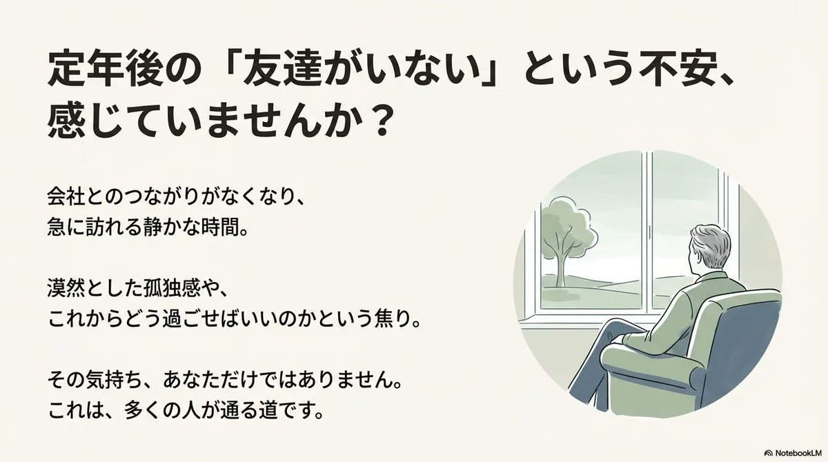 定年後に友達がいない不安、これ“あなたが変”なんじゃなくて、かなり多い話です😌
会社のつながりが切れた瞬間、静かになりすぎるんですよね。
私が推したい解決はこれ👇
友達を増やす、じゃなくて「週に数回、会話が起きる仕組み」🗓️✨
✅公民館サークル
✅趣味仲間
✅ボランティア