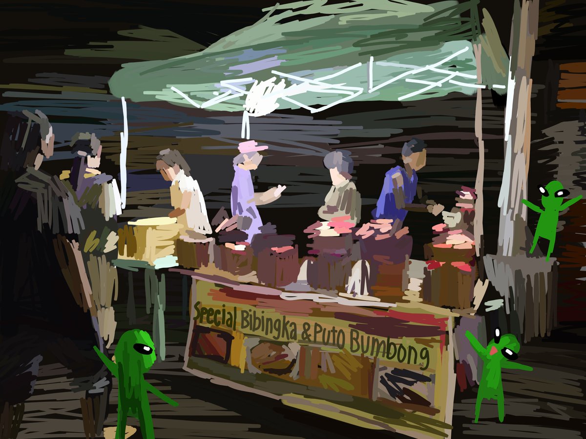 Little green aliens buys some bibingka (sweet rice cakes) after attending Misa de Gallo in the Christmas market outside church