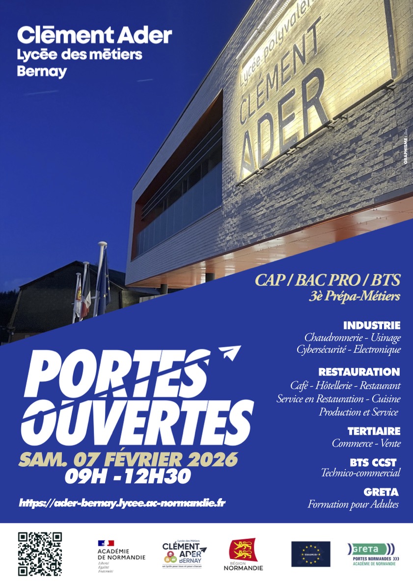 Journée Portes Ouvertes – Lycée Clément Ader de Bernay
Vous êtes curieux de découvrir notre établissement, nos formations et nos projets pédagogiques ?

Le Lycée Clément Ader de Bernay vous ouvre ses portes pour une journée dédiée à la rencontre et à l’échange !