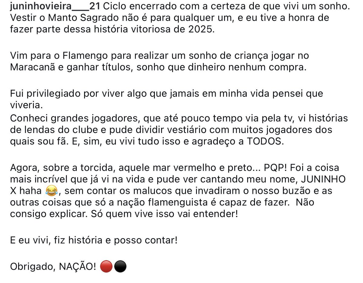 futebol_info's tweet image. Novo reforço do Pumas-MEX, Juninho posta texto de despedida do Flamengo:

“Sobre a torcida, aquele mar vermelho e preto… Foi a coisa mais incrível que eu já vi na vida e pude ver cantando meu nome, Juninho X.”

“Eu vivi, fiz história e posso contar. Obrigado, Nação!”