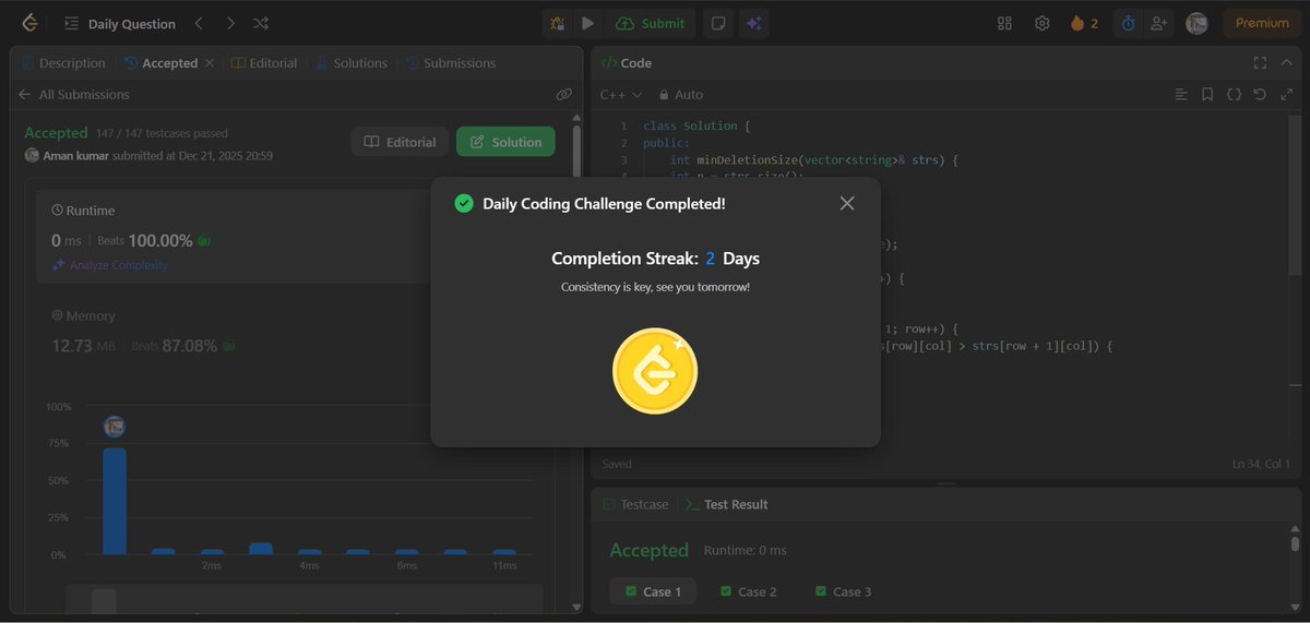amansharma264's tweet image. 🎯 Solved LeetCode POTD – 955. Delete Columns to Make Sorted II

🔍 Problem:
Given an array of strings of equal length, delete the minimum number of columns so the remaining strings are in lexicographical order.

🧠 Approach:
• Let n be the number of strings and m be the length…