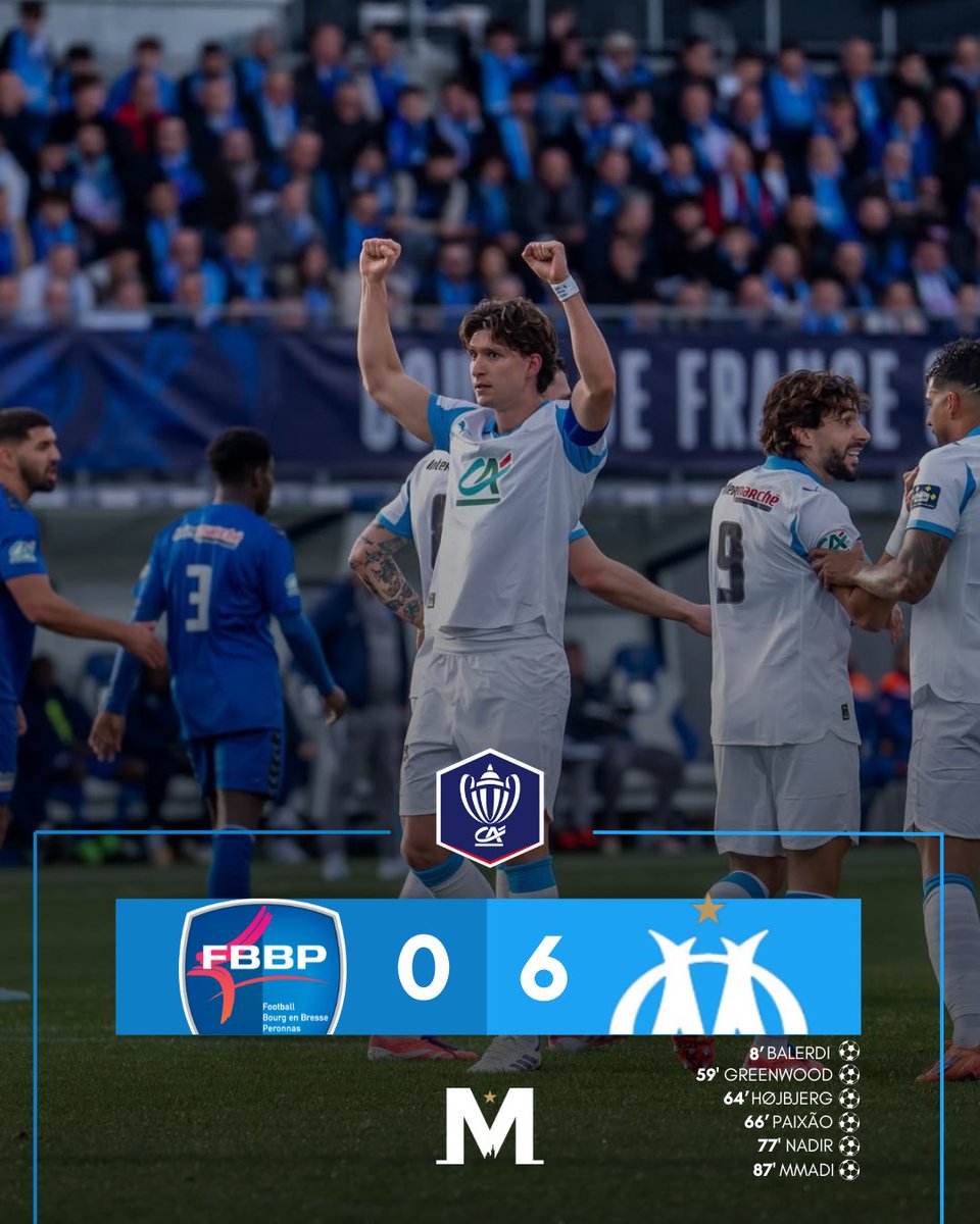 ⏱️ 𝗧𝗘𝗥𝗠𝗜𝗡𝗘́ !

L’OM clôture l’année 2025 par un succès face à Bourg-en-Bresse (0-6) et se qualifie pour les 16es de finale de la Coupe de France ! 💙🤍

Léo Balerdi, Mason Greenwood, Pierre-Emile Højbjerg, Igor Paixão, Bilal Nadir et Tadjidine Mmadi sont les buteurs du