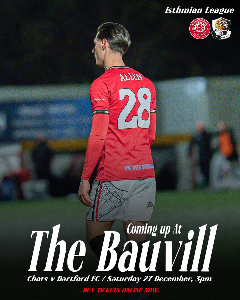 ChathamTownFC's tweet photo. Tickets are selling FAST for our @IsthmianLeague fixture v @DartfordFC on Sat 27 Dec. 🤯

Hurry and get yours now to guarantee entry, whilst we also strongly encourage supporters to arrive early. 👊

🎟️ 𝗧𝗜𝗖𝗞𝗘𝗧𝗦: https://t.co/zw3o9wuhuk

🔴⚪️⚫️ #UpTheChats https://t.co/6bnOOaM2OC