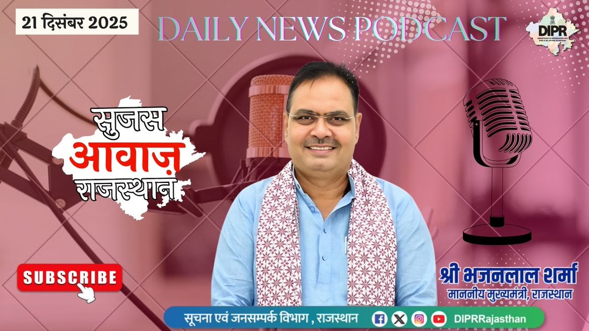 DIPRRajasthan's tweet photo. ऑडियो बुलेटिन 
21 दिसम्बर, 2025
सुजस आवाज राजस्थान

https://t.co/80dRiBi8XO

- आज खास

- मुख्यमंत्री श्री भजनलाल शर्मा ने जयपुर स्थित ओ.टी.एस. परिसर में आयोजित लखपति दीदी संवाद राज्य स्तरीय कार्यक्रम में की सहभागिता, कहा - महिला सशक्तिकरण से आत्मनिर्भर राजस्थान का संकल्प 

- मुख्यमंत्री ने “रन फॉर जयपुर” मैराथन को दिखाई हरी झंडी, हेलमेट और सीट बेल्ट अपनाने की अपील, मुख्यमंत्री ने यातायात नियमों पर दिया जोर

- 78वें आर्मी डे परेड का संयुक्त कर्टन रेजर कार्यक्रम आयोजित, मुख्यमंत्री ने कहा- साहस, संकल्प और बलिदान की प्रतीक है भारतीय सेना

@BhajanlalBjp
@KumariDiya
@DrPremBairwa
@RajCMO
@RajGovOfficial

#DIPRRajasthan #Rajasthan #RajasthanNews #आपणो_अग्रणी_राजस्थान #बढ़ता_राजस्थान_हमारा_राजस्थान #2साल_नव_उत्थान_नया_राजस्थान