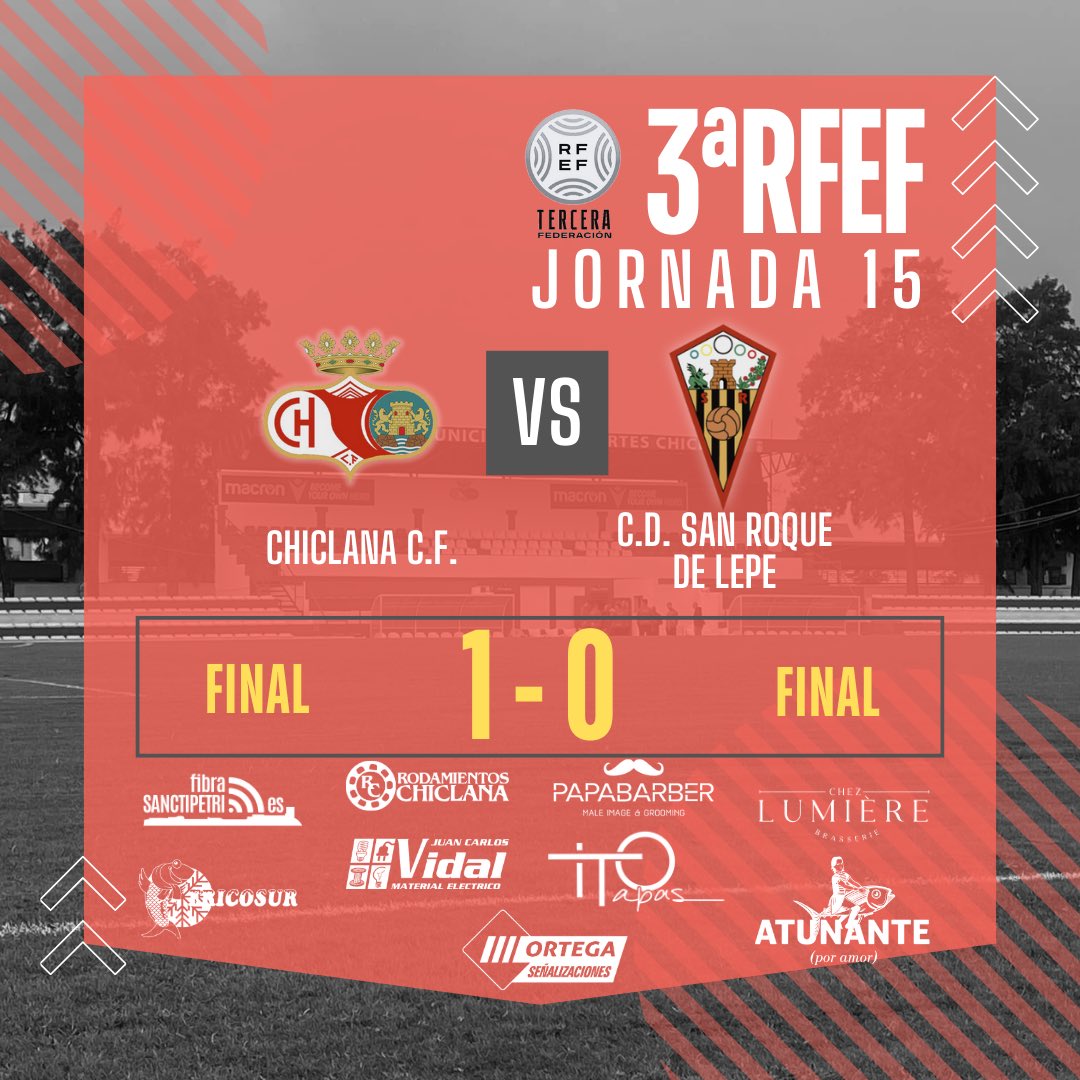 ⚽️ #ChiclanaCF 🆚 #SanRoqueDeLepe
🏆 #3aRFEF - J15

1️⃣-0️⃣ Final. Buen resultado para lo que se pudo jugar. El rival apretó al final incluso con dos menos. Fútbol de barro en toda su expresión. 

#ChiclanaCF #ChiclanaSanRoqueDeLepe #LosSueñosSeViven