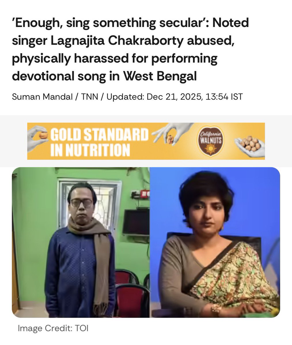 amitmalviya's tweet photo. Religious intolerance toward Hindus under Mamata Banerjee in West Bengal is no longer subtle.

Bengali singer Lagnajita Chakraborty was harassed and assaulted during a live performance at a private school in Bhagwanpur, simply for singing the devotional song “Jago Maa.”

The school owner and event organiser stormed the stage, abused her, and demanded that she stop singing the religious song, saying, “Enough of Jago Maa, sing something secular.”

This is not about music. This is about silencing Hindu faith in public spaces. When a devotional song invites threats and intimidation, it signals a dangerous rise in anti-Hindu intolerance.

Artists, citizens, and believers should not fear expressing their faith.
Selective secularism and religious bullying have no place in Bengal or in India.

This must be investigated. Accountability matters.