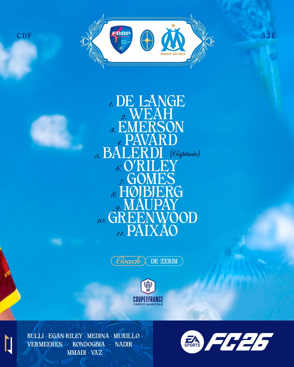 OM_Officiel's tweet image. 📋 𝐒𝐓𝐀𝐑𝐓𝐈𝐍𝐆 ⚔️

Voici le 1️⃣1️⃣ 𝗱𝗲 𝗱𝗲́𝗽𝗮𝗿𝘁 établi par 𝗥𝗼𝗯𝗲𝗿𝘁𝗼 𝗗𝗲 𝗭𝗲𝗿𝗯𝗶 🇮🇹 pour ce match de @coupedefranceCA ⚡️#FBBP01OM