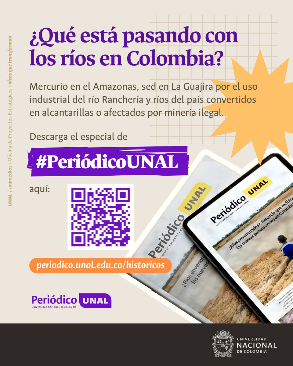 #TerritoriosEnRiesgo ⚠️ ¡El especial digital de #PeriódicoUNAL ya está disponible! Desde <a href="/PrensaUNAL/">Prensa UNAL - Universidad Nacional de Colombia</a> te mostramos cómo la minería ilegal y los vertimientos están deteriorando ríos esenciales del país. 🌿📚 Consúltalo aquí: 👉 ow.ly/9HVe50XIvNm | #SomosUNAL