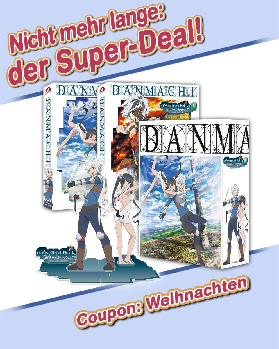 🎄 Nicht mehr lange – der Super-Deal läuft aus! 🎄

Mit dem Weihnachts-Coupon spart ihr 20 % auf Anime-House-Titel! 🎁

Vielleicht noch schnell #Danmachi Staffel 4 gönnen?😉⚔️

⚠️Code: Weihnachten
⛔Ausgenommen: Danmachi 5 &amp; Kamisama Kiss

#bluray #weihnachten #advent #DVD #anime