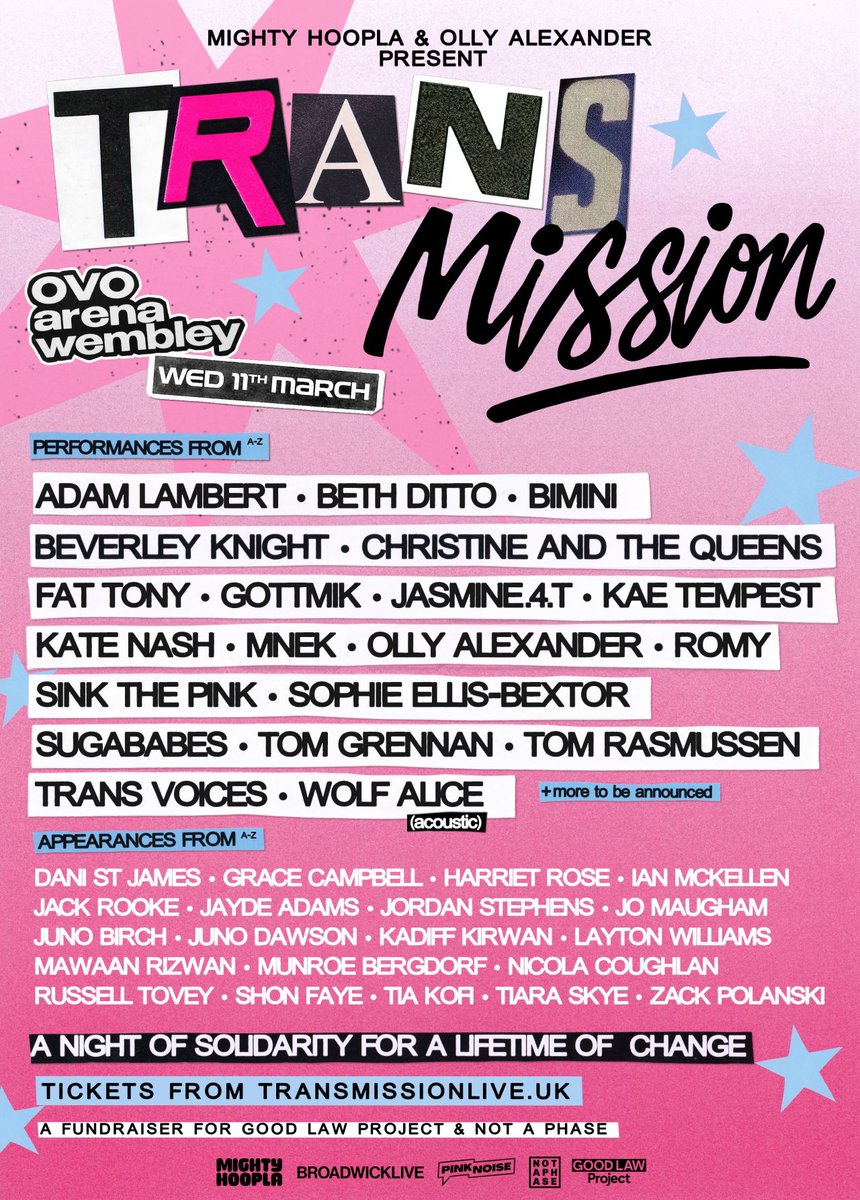 This is Trans Mission.

A Solidarity Concert for one night only, raising vital funds for Good Law Project and Not a Phase 💓 

Get your tickets here 👉  transmissionlive.uk