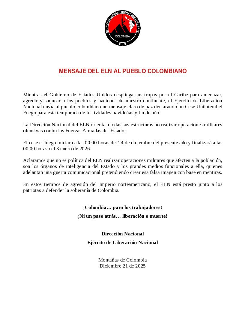 #ELN #Cinismo El descaro del ELN raya en el cinismo absoluto. Después de asesinar a soldados, de dejar otros más en cuidados intensivos y de destruir para siempre la vida de al menos siete familias, aparecen hablando “paz” y de un cese al fuego navideño.

Derraman sangre y luego