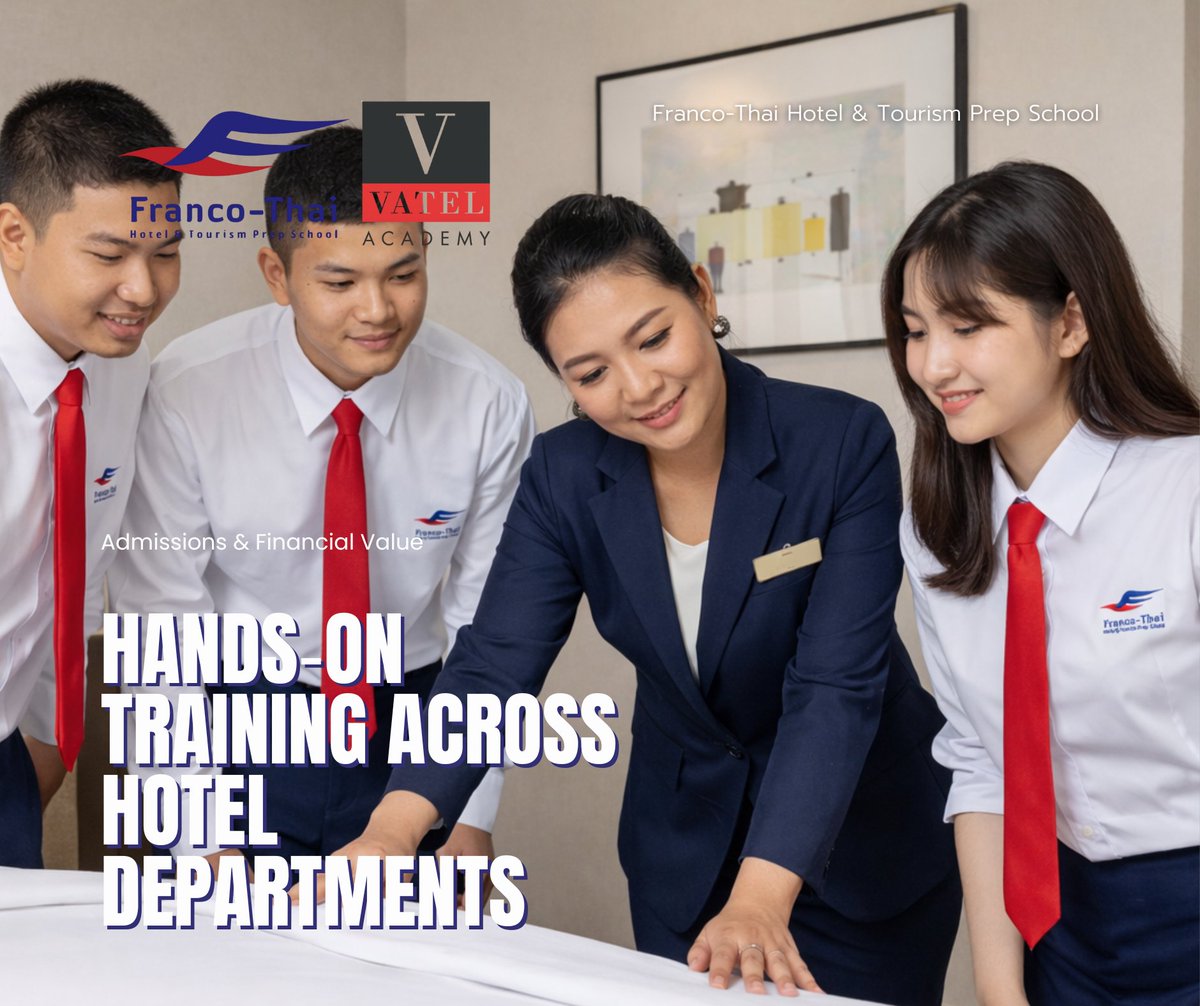 francothai_'s tweet image. Hands‑On Training Across Hotel Departments. Franco‑Thai students rotate through reception, housekeeping, F&amp;amp;B, and kitchen — gaining real skills and dual certification for global employability. 🌍✨ #FrancoThai #HospitalityEducation #HandsOnLearning
