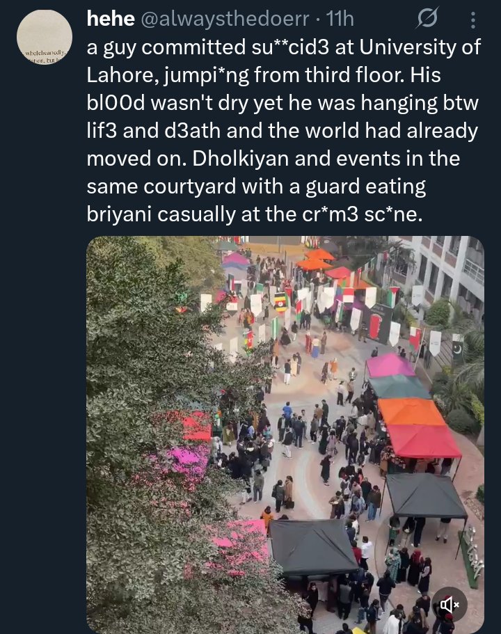 cybertruther's tweet photo. University of Lahore completely ignored the suicide of Awais Sultan on 19th December and went on with the cultural event anyways

If we ignore the case of Awais Sultan, it might be our turn tomorrow 

#JusticeforAwaisSultan
#UniversityofLahore https://t.co/d6FmRECwM0