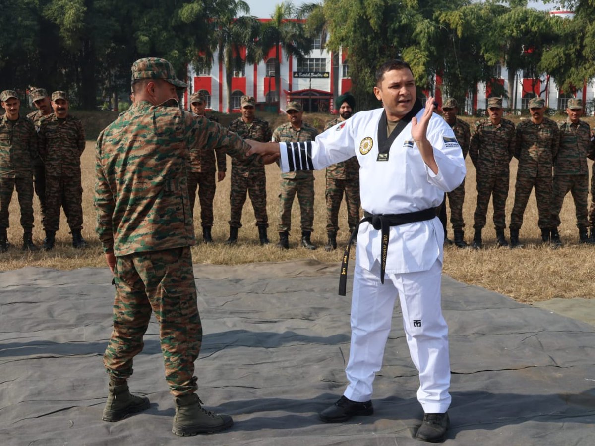 PRODefDehradun's tweet photo. Army #MartialArts Routine and #UnarmedCombatTraining by Golden Key Gunners
#GoldenKey #Gunners Brigade organised an Army Martial Arts Routine and Unarmed Combat Training programme as part of its ongoing efforts to enhance the physical fitness, #self_defence skills and combat readiness of troops.
The training was imparted by Lt Col Jigyasu Puri, a Black Belt holder and an accomplished national and international player, along with Mr Ashis Nath, Black Belt 4th Dan, National and international player.
The instructors shared their extensive expertise in martial arts and close-combat techniques, focusing on discipline, agility, reflexes and mental toughness.
The programme aimed at equipping soldiers with effective unarmed combat skills essential for #modernbattlefield scenarios. Participants actively took part in the #training sessions, which emphasised practical application, confidence building and combat preparedness.
Program brought out Golden Key Gunner Brigade’s commitment to maintaining high standards of #operationalefficiency and soldier welfare.