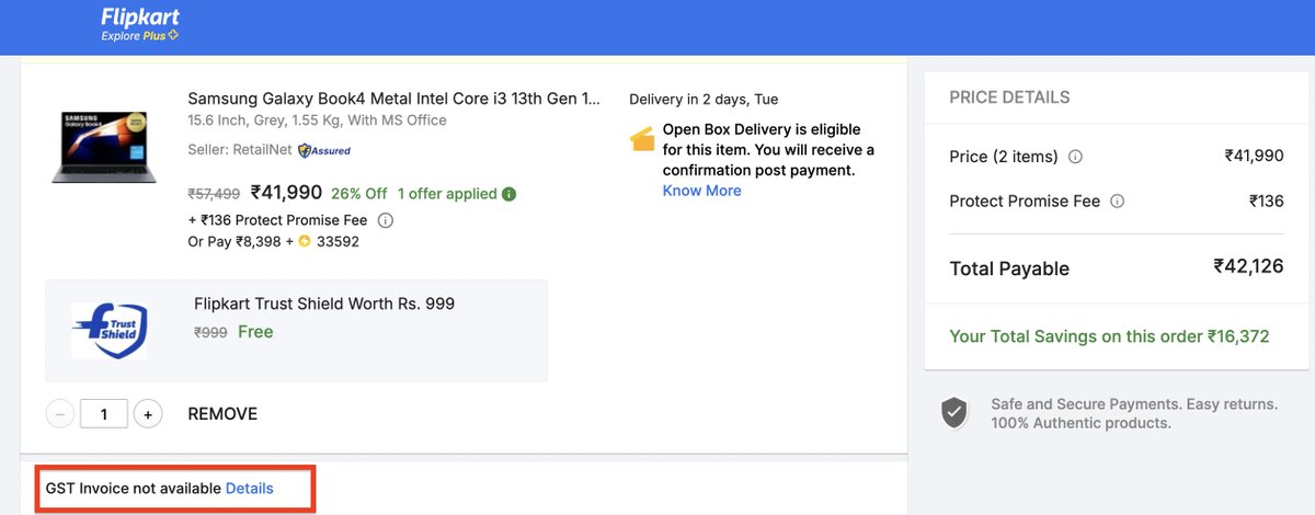 ashwing's tweet photo. @flipkartsupport @Flipkart @GST_Council 
Flipkart is not complying with basic GST norms by not allowing consumers to add a GST number 

This is a daylight GST scandal @_Kalyan_K

#Flipkart https://t.co/q48heP6dNX
