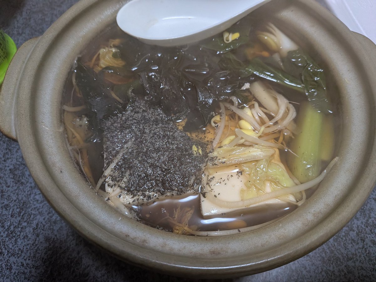 自炊。湯豆腐を麺つゆで作ったが味はイマイチ。半額だった鍋の野菜