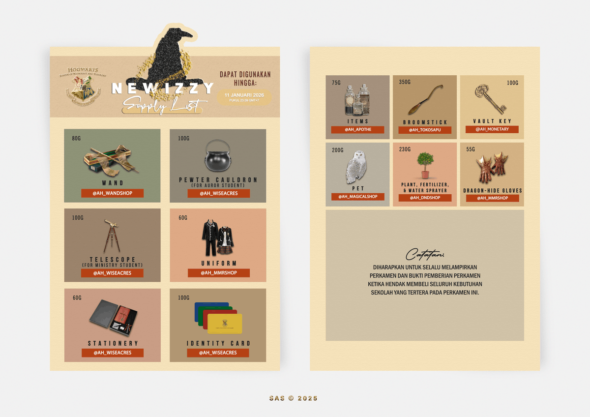 <a href="/SAS_The01/">𝐒𝐀𝐒.</a> “Kepada para murid baru yang sudah selesai makan, dipersilakan untuk kembali maju!” serunya, kemudian membagikan perkamen kebutuhan.
 
【 Newizzy Parchment – December 2025 】
 
· HQ: s.id/AH-NWP-1225
· Perkamen akan di-mention ke kalian setelah acara ini selesai.