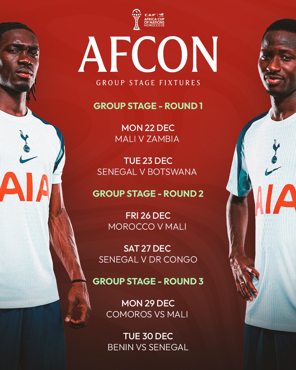 SpursOfficial's tweet photo. AFCON 2025 begins tonight 🏆

Here's how the group stage looks for Biss and Pape 👀 https://t.co/ivFhqmjtGc