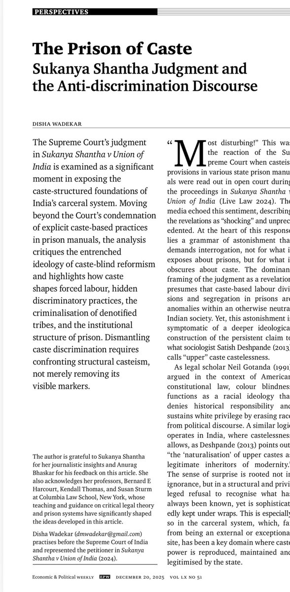WadekarDisha's tweet image. Sharing my article, “The Prison of Caste” in @epw_in, where I situate the Sukanya Shantha judgment on prisons within the Court’s broader anti-discrimination jurisprudence. ~1