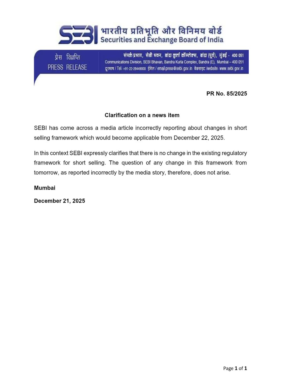 yatinmota's tweet photo. SEBI CLARIFICATION 

No such Ban on short selling as reported on social media 

https://t.co/Gj8MDQS6jR https://t.co/WlKybKPLA1