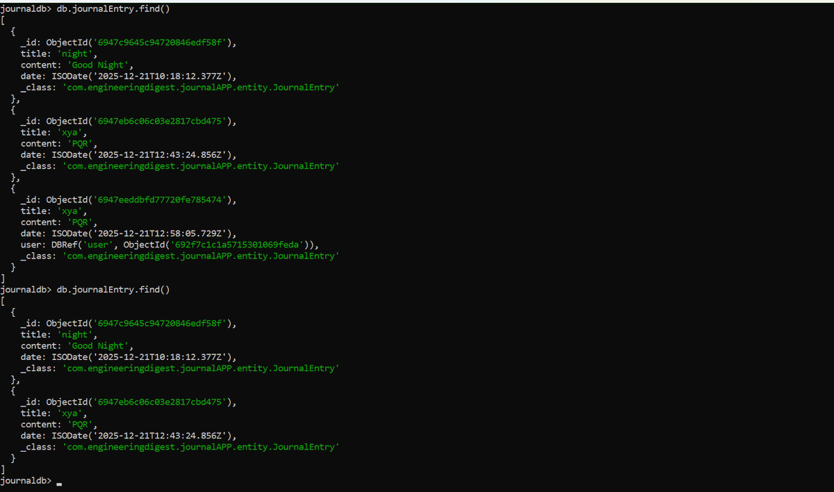 AmitP9t's tweet image. • 🌱 Spring Boot: User–Journal mapping, fixed null DBRef issues, improved service &amp;amp; controller flow, worked, created connection between user and journal entery

• 🧪 Postman: APIs(Get, Post, Put, Delete)

#spring #mongodb