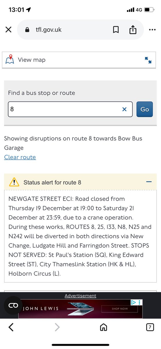 Jrtyler's tweet photo. @TfL Which is it? Saturday the 20th or Sunday the 21st? Inaccurate information is useless. Besides which, there is no longer a crane operation, and west bound buses are not on diversion. Keep up, this is so aggravating. https://t.co/fb6LeDPZy5