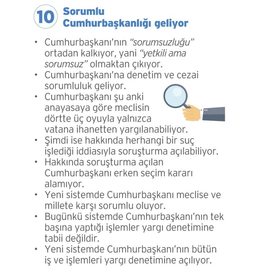 AKP'nin 2017 referandumunda topluma vaatleri : Sorumlu Cumhurbaşkanlığı. Cumhurbaşkanı hakkında soruşturma açılabilecek, bütün iş ve işlemleri yargı denetimine açık olacak denmiş. Bu özgürlükler fazla kaçmış. Referandumda "evet" diyen yurttaşlar vaatler karşılandı mı sizce?