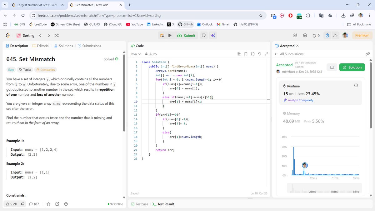 beingbashar06's tweet image. 🚀 #Day11 of #100DaysOfCodeChallenge

3 problems solved today all about precision over assumptions 👀

• Largest Number ≥ Twice Others
• Valid Anagram
• Set Mismatch
Small details. Clean logic.
Day 11 done ✅
#LeetCode #DSA #Arrays #Sorting
#ProblemSolving #Java #CodeEveryday
