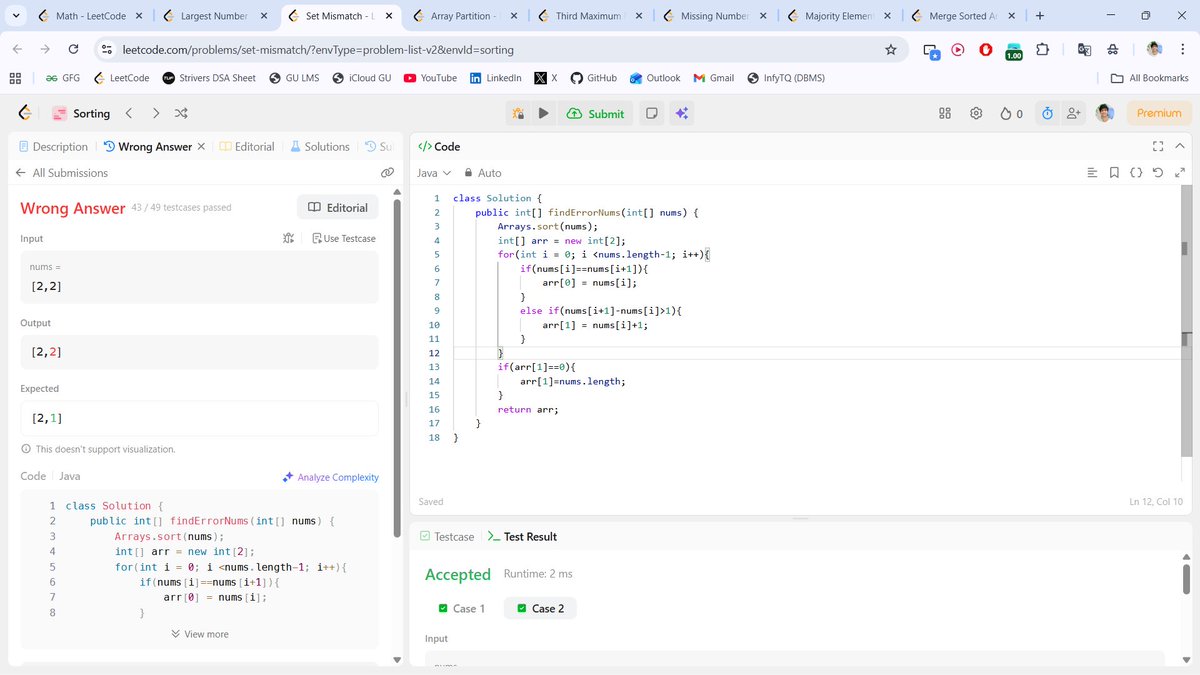 beingbashar06's tweet image. 🚀 #Day11 of #100DaysOfCodeChallenge

3 problems solved today all about precision over assumptions 👀

• Largest Number ≥ Twice Others
• Valid Anagram
• Set Mismatch
Small details. Clean logic.
Day 11 done ✅
#LeetCode #DSA #Arrays #Sorting
#ProblemSolving #Java #CodeEveryday
