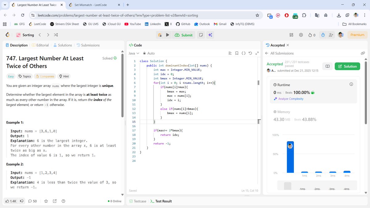 beingbashar06's tweet image. 🚀 #Day11 of #100DaysOfCodeChallenge

3 problems solved today all about precision over assumptions 👀

• Largest Number ≥ Twice Others
• Valid Anagram
• Set Mismatch
Small details. Clean logic.
Day 11 done ✅
#LeetCode #DSA #Arrays #Sorting
#ProblemSolving #Java #CodeEveryday