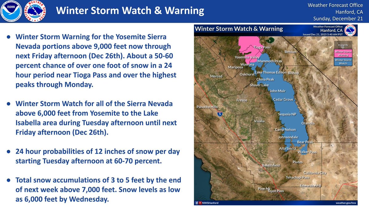 A Winter Storm Warning for the Sierra Nevada is in effect in Yosemite  National Park above 9,000 feet (highest peaks and Tioga Pass) continuing  until Friday (Dec 26th) afternoon. A Winter Storm